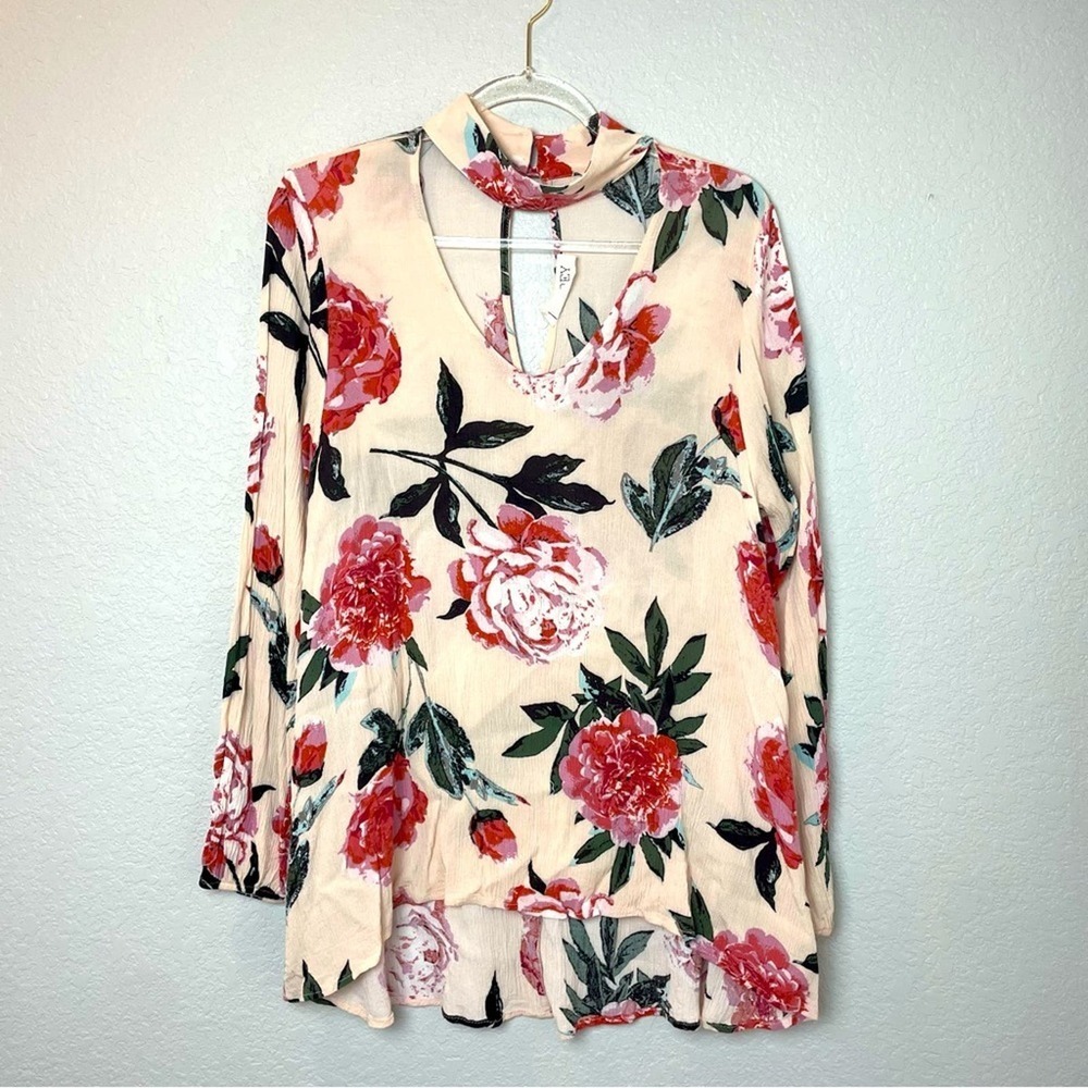 AUDREY Pink Large Floral Long Sleeve Blouse with Front & Back Cutout Size L